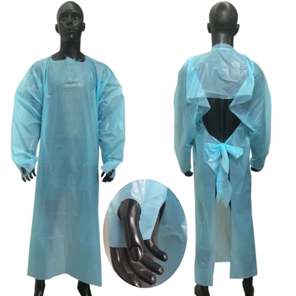 Disposable Waterproof Cpe Isolation Robe With Thumb Sleeve Blood Splatter Long Apron Sleeved Clothes With Thumb Mouth Cpe Clean Gown